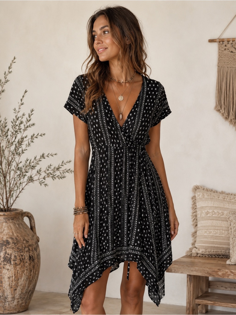 Black Printed Asymmetrical V-Neck Boho Chic Dress